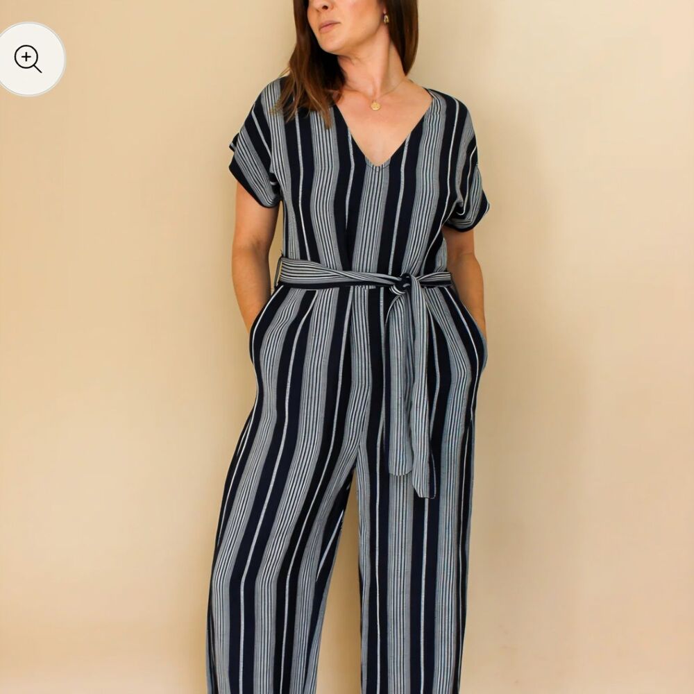Rails Navy Angela Mediterranean Stripe Linen Blend Jumpsuit Size Small NO BELT